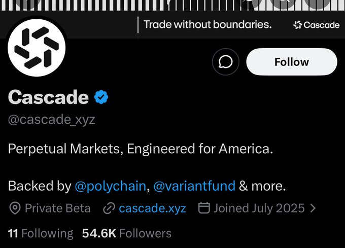 A Twitter/X profile page for Cascade (@cascade_xyz), a perpetual markets platform with 54.6K followers, showing it's in Private Beta and backed by Polychain and Variant Fund. The image provides the official public profile context for the post's allegations of team members leaving and the project going silent.