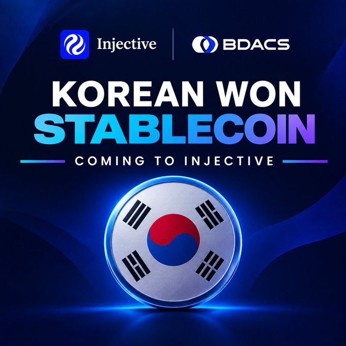 A dark blue promotional graphic shows the “Injective” and “BDACS” logos above the text “KOREAN WON STABLECOIN” and “COMING TO INJECTIVE,” with a glowing Korean flag coin centered below.