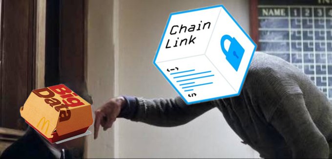 The image shows a hooded person reaching for a McDonald's "Big Mac" box, with a "Chainlink" 3D cube logo featuring a padlock symbol, and a scoreboard in the background reading "NAME 1 2 3 4." The scene visually represents the post's message about Chainlink playing the long game carefully—much like a sneaky figure avoiding the "Big Mac" trap of regulatory scrutiny by not overstepping boundaries, even when faster options (like the Clarity Act) fall through.