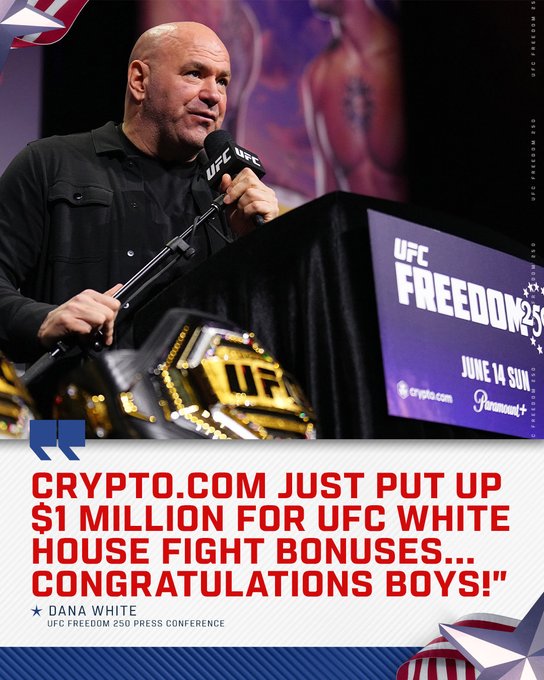 UFC fighter, Dana White, speaks at a podium with a microphone and a black podium, promoting the UFC Freedom event on June 14th.