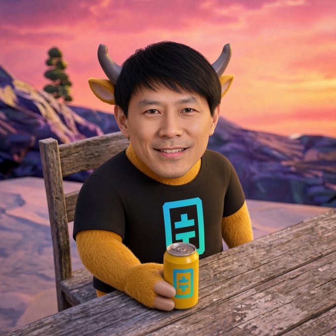 A 3D-rendered character with bull horns and yellow furry arms, wearing a black t-shirt with a blue logo, holding a yellow can and sitting at a wooden table against a sunset landscape.