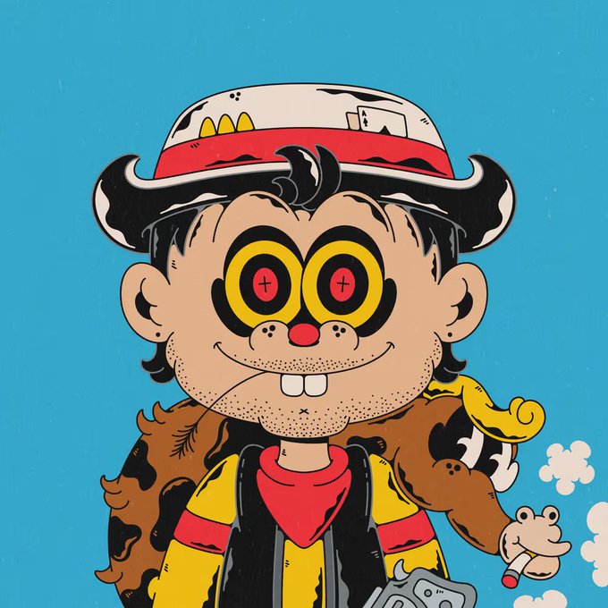 A cartoon illustration of a character with large horns, bulging yellow eyes with red crosshair pupils, wearing a striped cap and yellow outfit while smoking a cigarette, with a stuffed animal draped over the shoulder.