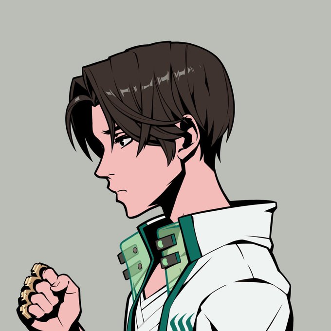A side-profile anime-style illustration of a brown-haired character wearing a white and teal jacket, holding up a clenched fist wearing a gold knuckle accessory. The post's "GM Legends" greeting and reference to a "PFP" change suggests this stylized portrait is the user's new profile picture, with the determined expression and raised fist serving as a confident reintroduction to the community.