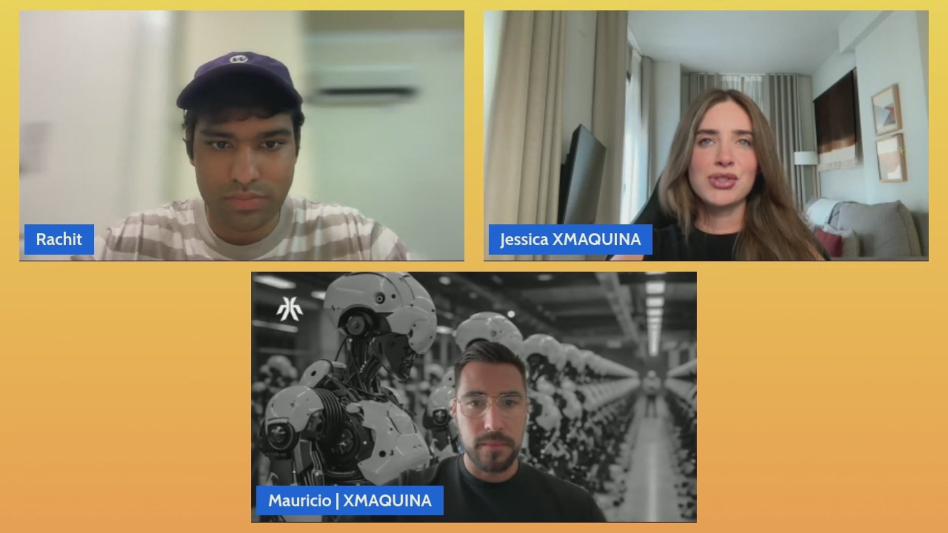 The image shows three people sitting behind a desk, with two of them wearing hats and one person not wearing a hat. They are all looking at the camera while engaged in an online meeting or video call. The background features a yellow wall that has the words "$DEUS is live on @Solana via Sunrise" written on it.