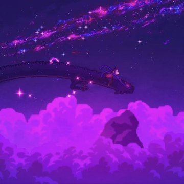 A purple pixelated dragon flies across a starry night sky filled with cosmic clouds, perfectly capturing the dreamy aesthetic of Chimpers Pixelwork NFT collection featuring guest artists like @osf_rekt, @eBoyArts, and @JustinMezzell.