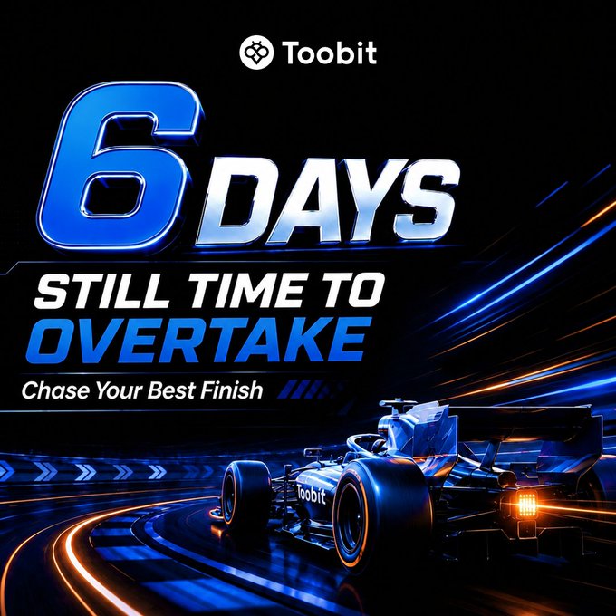 The image is a Toobit promotional graphic featuring a Formula 1 race car with motion-blur trails and bold text reading "6 DAYS — STILL TIME TO OVERTAKE — Chase Your Best Finish," visually reinforcing the post's message about the TIFT 2026 competition having six days remaining for participants to improve their rankings.