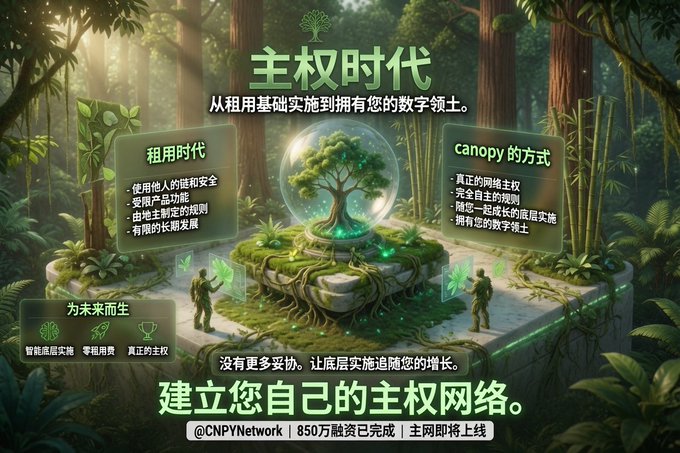 A Chinese-language promotional graphic for '主权时代' (Sovereignty Era) by @CNPYNetwork, featuring a glowing tree in a forest setting with text about '租用时代' (Renting Era) and 'canopy的方式' (Canopy method), noting 850万融资已完成 (8.5M funding completed).