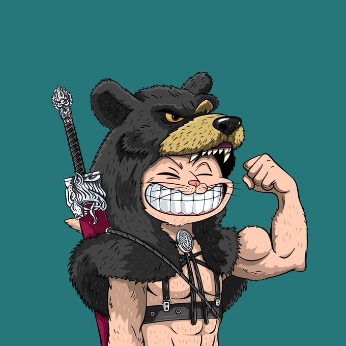 A cartoon illustration depicts a character wearing a fierce bear head mask, grinning widely while flexing a muscular arm, with a sword strapped to their back.