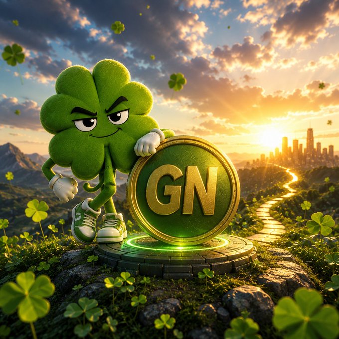A 3D-rendered cartoon four-leaf clover mascot wearing green sneakers standing next to a large gold 'GN' coin on a glowing platform, set against a sunset cityscape with a glowing path leading toward the horizon.