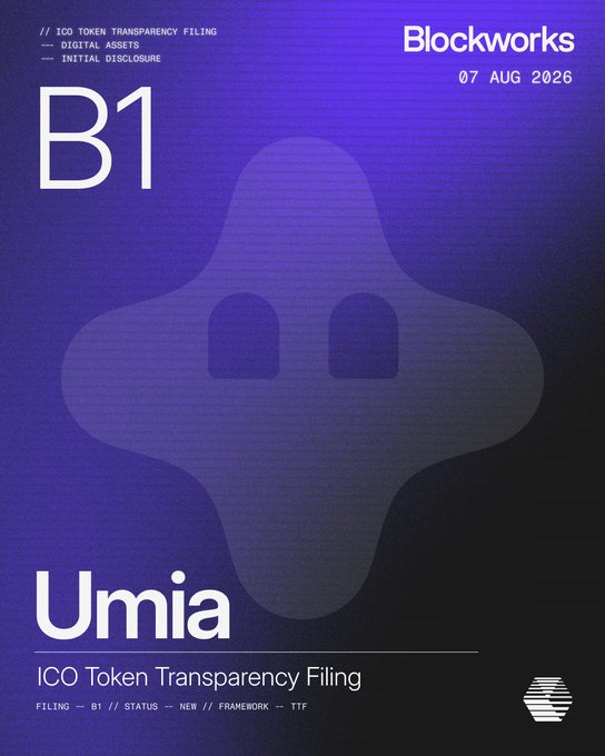 The image is a Blockworks "ICO Token Transparency Filing" document dated 07 AUG 2026 for the token "Umia" (filing code B1), referencing digital assets and initial disclosure standards. It visually reinforces the post's theme by showcasing Blockworks' effort to formalize transparency and disclosure practices in the digital asset industry.