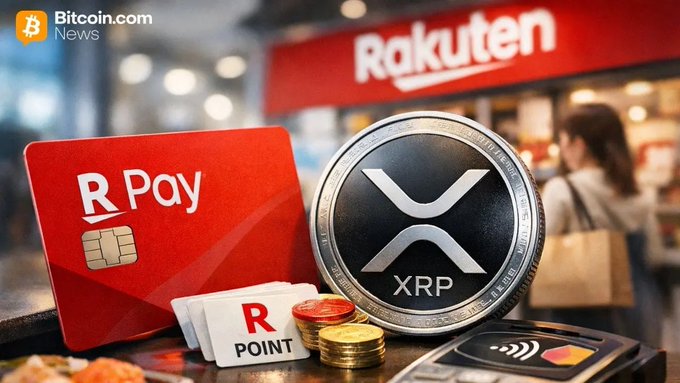 The image features a red credit card reader, a silver coin, and some coins sitting on top of a table. The text "Rakuten Pay" is written above them, indicating that this payment method can be used for Rakuten Points conversion into XRP currency. The image also includes a person standing next to the payment device, suggesting they are using it at a store or similar location.