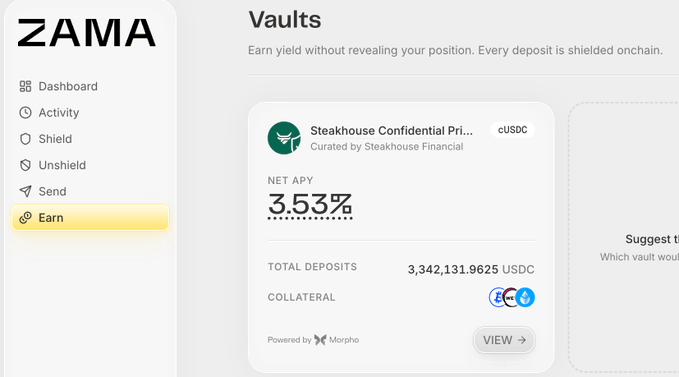 The image features a screenshot of an online page from the cryptocurrency app "Zama" displayed on a computer screen. It appears that the user has recently completed a purchase or transaction on Zama, and there are details about the total deposited amount, the account balance, and information related to the vaulting service. Additionally, there is a link leading to a post in which it says that the Vault is now officially live, providing privacy assets their first true interest-bearing home for the very first time. The app has an advertisement offering a 12-week yield boost campaign for its users.