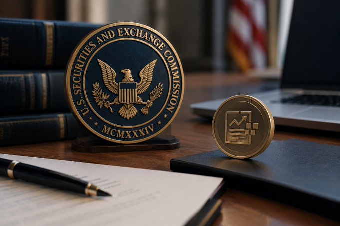 A 3D-rendered image of the U.S. Securities and Exchange Commission (SEC) seal displayed on a desk alongside law books, a pen, a notebook, and a laptop, with a small gold coin featuring a chart icon.
