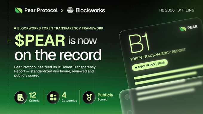 Pear Protocol x Blockworks promotional graphic announcing that $PEAR has filed its B1 Token Transparency Report — a standardized disclosure scored across 12 criteria and 4 categories, with a new H2 2026 filing now publicly available.