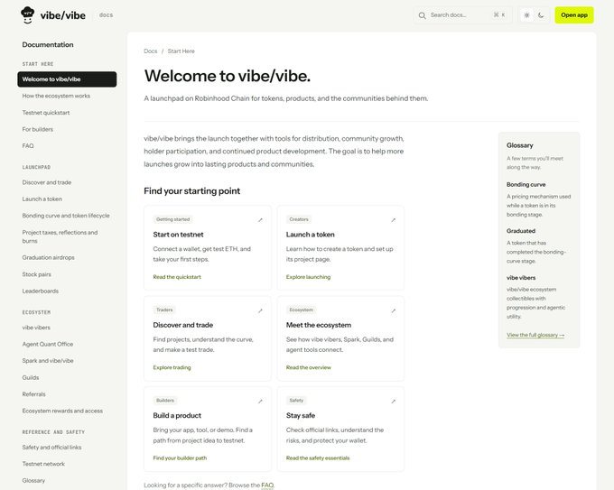 A screenshot of the 'vibe/vibe' documentation webpage, a launchpad on Robinhood Chain for tokens and products, showing sections like 'Find your starting point' and a glossary sidebar.