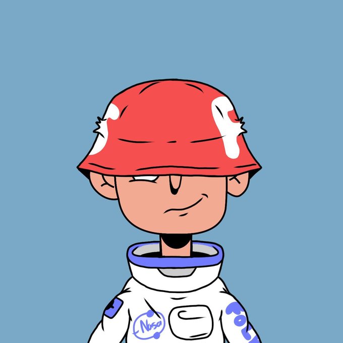 A cartoon astronaut character wearing a red bucket hat with white paint marks and a white NASA spacesuit with blue accents against a light blue background.