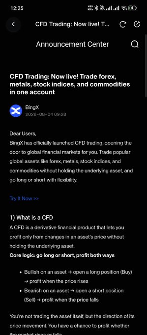 A BingX announcement screen dated 2026-08-04 about CFD Trading launch, explaining that CFDs are derivative financial products allowing users to profit from price changes without holding the underlying asset, with options to go long (Buy) or short (Sell).