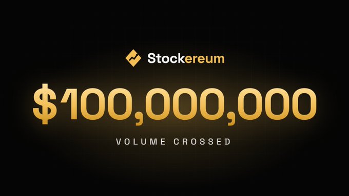 A dark background with gold text displays 'Stockereum' logo and '$100,000,000 VOLUME CROSSED'.