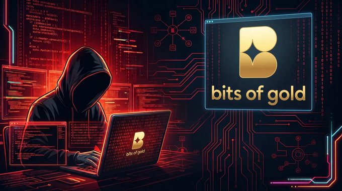 A digital illustration depicts a hooded figure typing on a laptop against a red circuit-board background, with a prominent logo and text reading 'bits of gold' displayed on a panel and the laptop screen.