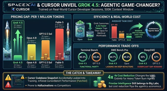 An infographic comparing SpaceX AI Grok 4.5 with Cursor, showing pricing gaps, efficiency, real-world costs, and performance trade-offs.