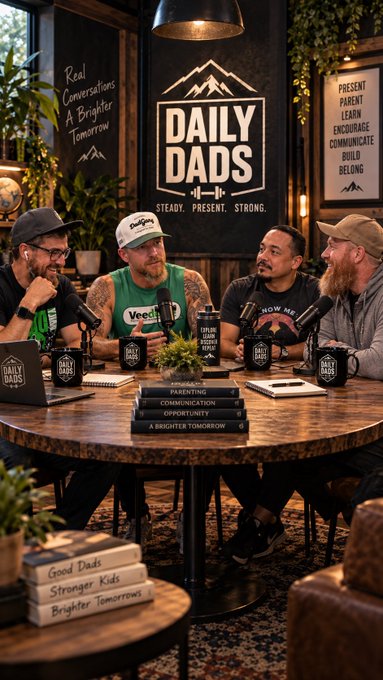 Four men sitting around a table in a podcast studio with 'DAILY DADS' branding and 'Steady. Present. Strong.' tagline, with books titled 'Parenting,' 'Communication,' 'Opportunity,' and 'A Brighter Tomorrow.'