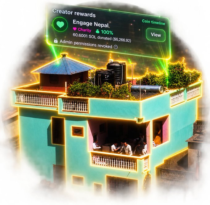 A promotional graphic for 'Engage Nepal' showing creator rewards charity with 100% ($6,286.92) donated in SOL, overlaid on an image of a turquoise building decorated with lights.