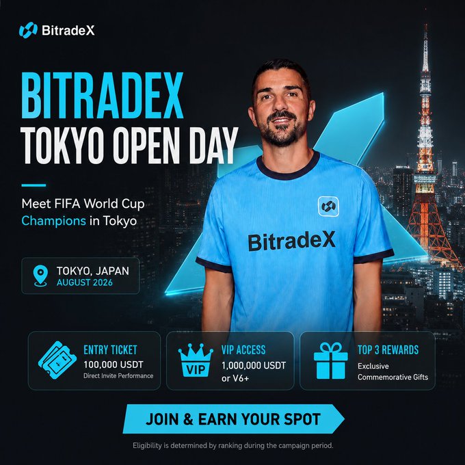 A promotional graphic for BitradeX Tokyo Open Day featuring a brand ambassador in a BitradeX jersey with Tokyo Tower in the background, advertising an August 2026 event with entry requiring 100,000 USDT direct invite performance, VIP access at 1,000,000 USDT or V6+, and top 3 rewards of exclusive commemorative gifts.