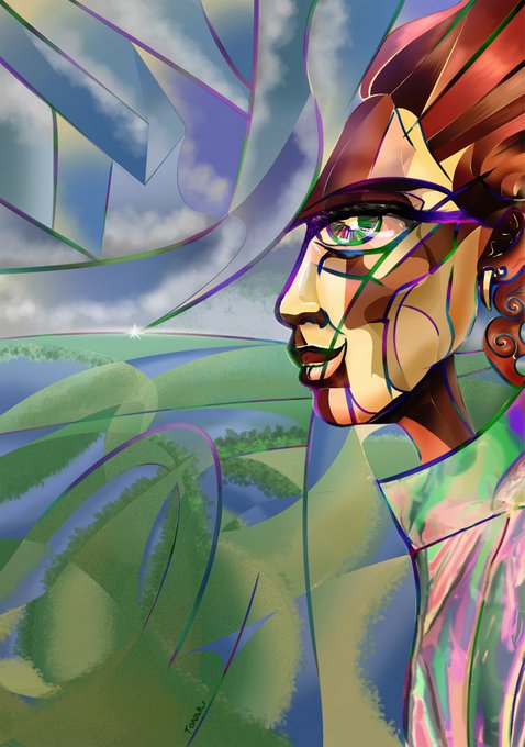 A vibrant, stylized pop-art illustration of a woman in profile with a flowing, translucent veil or hair, set against a backdrop of rolling green hills, a river, and a bright blue sky with clouds.