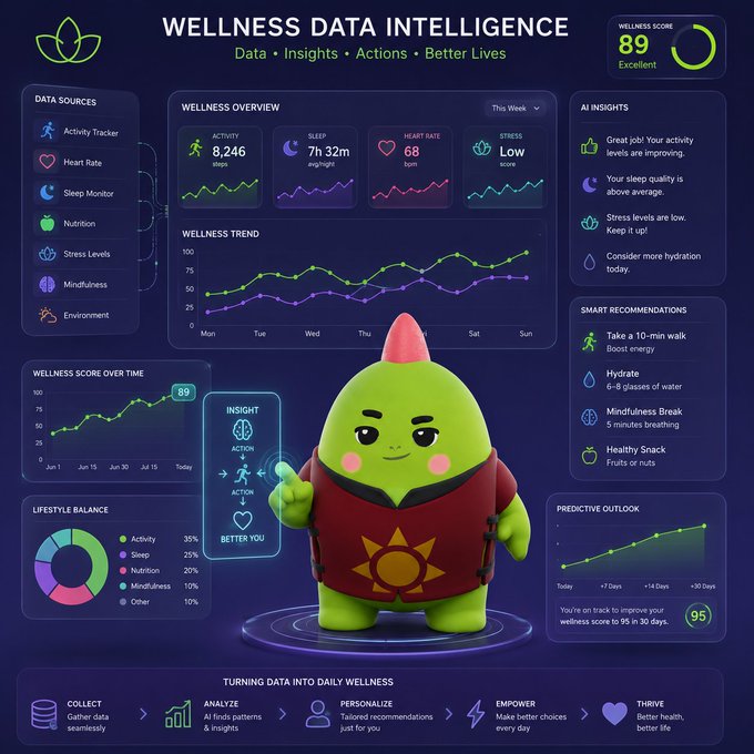 A 'Wellness Data Intelligence' dashboard displays a wellness score of 89, with sections for activity, sleep, heart rate, stress, AI insights, smart recommendations, and a green mascot character.