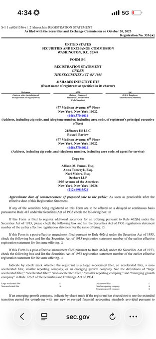An SEC Form S-1 Registration Statement for 215Shares Interactive ETP, filed on October 20, 2025, with Russell Barton listed as principal executive officer.