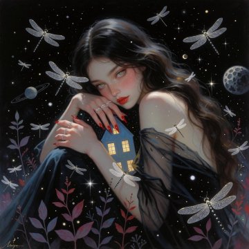 A digital illustration of a dark-haired woman holding a small illuminated house, surrounded by dragonflies, moons, and plants against a starry night background.