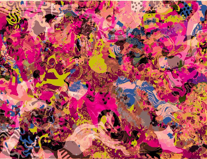 An abstract painting filled with chaotic, swirling brushstrokes in vivid shades of pink, yellow, and blue.