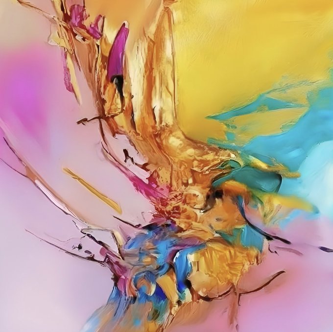 An abstract digital painting featuring vibrant swirls of pink, yellow, gold, and blue colors with thick, textured brushstrokes.