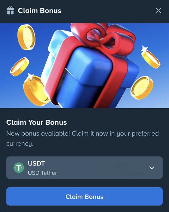 A 'Claim Bonus' pop-up modal offering a new bonus, with a selected currency option of USDT (USD Tether) and a blue 'Claim Bonus' button.