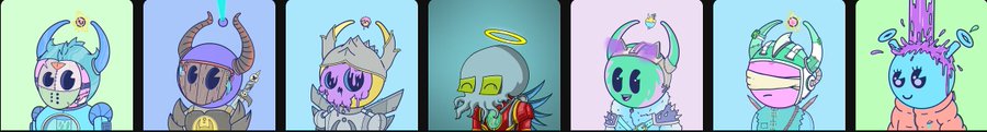 A row of seven illustrated character designs featuring cartoon figures wearing elaborate, colorful headdresses or helmets with horns, halos, and various decorative elements.