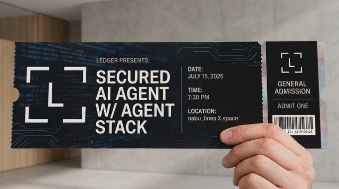 A hand holds up a digital-style event ticket for "Secured AI Agent W/ Agent Stack" presented by Ledger, scheduled for July 15, 2026, at 7:30 PM at nabu_lines X space, with general admission seating. The dark, tech-themed ticket with circuit board graphics and code backdrop ties into the post's reminder and warning not to miss the event.