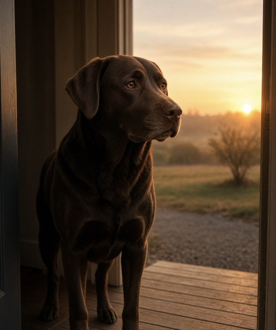 A black Labrador dog stands in a doorway at sunset, gazing out over a misty landscape with golden hour light streaming through.