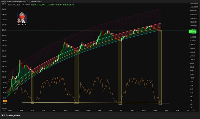 A TradingView chart titled "Bitcoin / U.S. Dollar - 1M - CRYPTO" shows BTC/USD monthly candles rising from around $200 in 2013 toward ~$300,000 by 2026, with an oscillator indicator below highlighting repeated bottoms near the same low levels — visualizing Bitcoin's recurring cycle of dips and recoveries referenced by the "#Bitcoin song on repeat... Crazy!" caption.