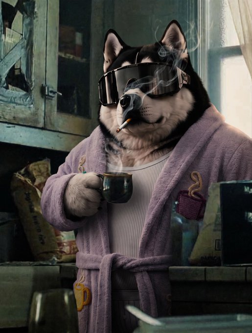 A stylized illustration shows a husky dog wearing sunglasses, smoking a cigarette, and holding a coffee mug while dressed in a purple bathrobe with a white undershirt.