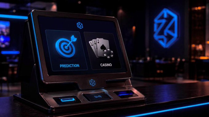 A sleek touchscreen kiosk displays two illuminated options labeled "PREDICTION" (featuring a bullseye target icon) and "CASINO" (showing playing cards and dice), with the Zentrix logo glowing in the background. The image visually represents the post's observation of how Zentrix Gaming is bridging prediction markets and casino gaming into a single ecosystem.