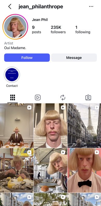 An Instagram profile page for 'jean_philanthrope' (Jean Phil), an artist who creates images of 'Oui Madame,' showing various photos featuring figures with distinctive blonde bob haircuts.