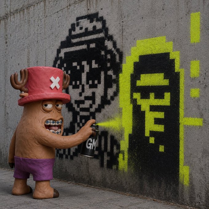 A cartoon character with antlers and a pink "X" hat spray-paints pixel art of Normie and Toon figures onto a concrete wall, with the graffiti reference echoing the Beeple collab highlighted in the post.