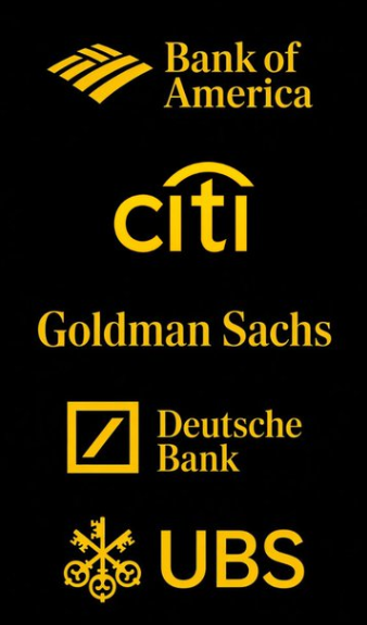 A black image displays the gold logos of several financial institutions stacked vertically: Bank of America, citi, Goldman Sachs, Deutsche Bank, and UBS.