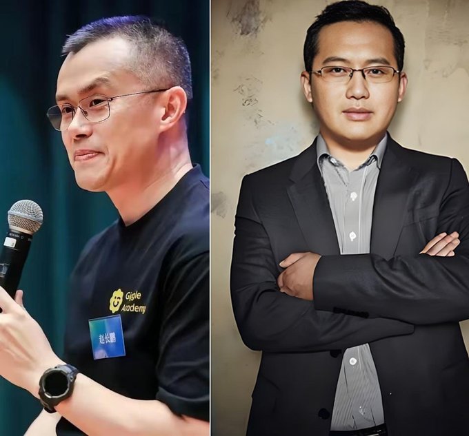 The image shows two men side by side—on the left, a man wearing a "Giggle Academy" shirt with a name tag reading "赵长鹏" (Zhao Changpeng/CZ) holding a microphone, and on the right, a man in a dark suit with arms crossed, who appears to be the "Old Xu" mentioned in the accompanying post about the $1 billion divorce bet involving CZ.