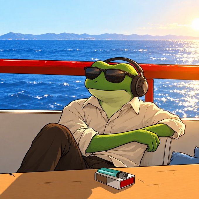 A Pepe the Frog character wearing sunglasses and headphones, dressed in a white shirt, lounging by the sea with a pack of cigarettes on a table in front of him.