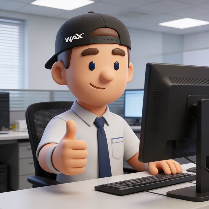 A 3D animated character wearing a "WAX" branded cap, dress shirt, and tie gives a thumbs-up while working at a computer monitor in an office setting, celebrating sysadmins and developers who keep the WAX ecosystem operational.