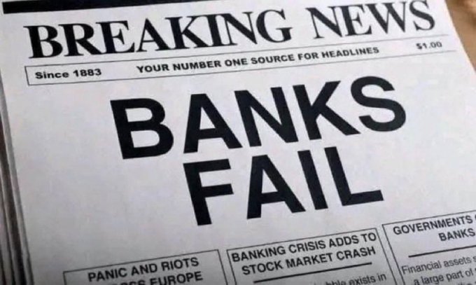A newspaper headline reads 'BANKS FAIL' in large black text under 'BREAKING NEWS', with smaller headlines mentioning 'PANIC AND RIOTS' and 'BANKING CRISIS ADDS TO STOCK MARKET CRASH'.
