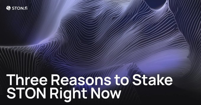 Dark abstract background with flowing purple lines, featuring the 'STON.fi' logo and large white text reading 'Three Reasons to Stake STON Right Now'.