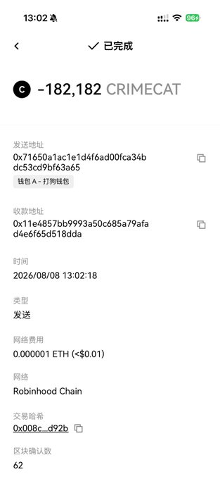 A mobile wallet transaction confirmation showing a transfer of -182,182 CRIMECAT tokens sent on 2026/08/08 at 13:02:18 via Robinhood Chain, with a network fee of 0.000001 ETH ($0.01) and 62 block confirmations.