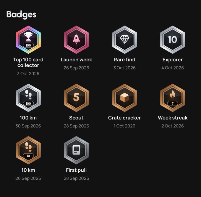 A 'Badges' screen showing achievement icons including Top 100 card collector, Launch week (26 Sep 2026), Rare find (3 Oct 2026), Explorer (4 Oct 2026), 100 km (30 Sep 2026), Scout, Crate cracker, Week streak, 10 km, and First pull.